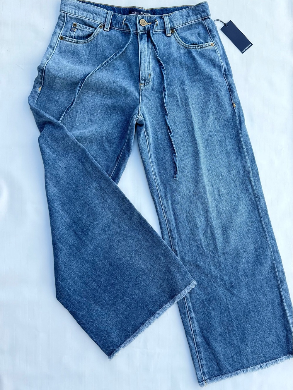 Kobi Halperin Esperance Wide Leg Drawstring Jeans Mid Blue Frayed Hem Sz 27 NWT